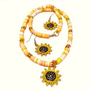 HANDMADE Yellow, White, & Gold Sunflower Beaded Necklace & Earrings Bohemian Set